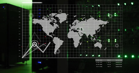 Displaying world map overlay showing markers in data center, with line chart and LED-lit cabinets