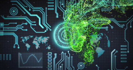 Swirling neon green vortex overlaying circuitry on digital interface, with HUD target, copy space