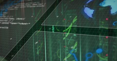 Displaying interface overlaying grid planes with scrolling code, neon circuits, red nodes