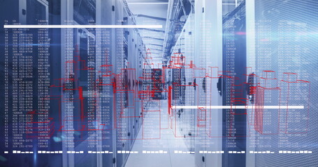 Walking technician navigating aisle between server racks, with floating data and schematic overlays