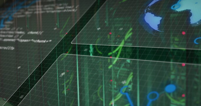 Displaying interface overlaying grid planes with scrolling code, neon circuits, red nodes - Powered by Adobe