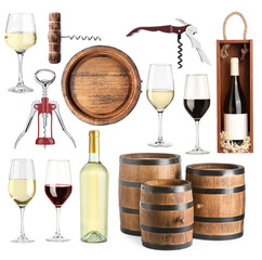 Set with wine bottles, glasses and barrels isolated on white