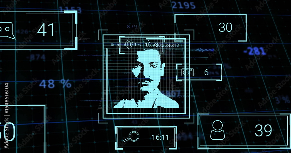 Aufkleber scanning pixelated male silhouette undergoing biometric scan on ui grid with nested detection boxes