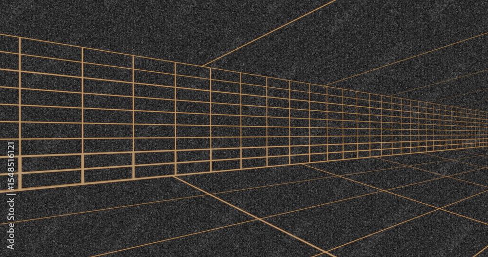 Poster displaying perspective wireframe corridor receding in virtual 3d space, with orange grid lines