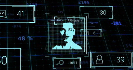 Scanning pixelated male silhouette undergoing biometric scan on UI grid with nested detection boxes