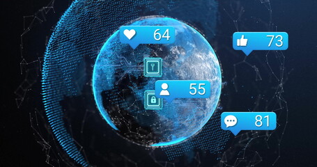 Rotating blue globe showing heart, like and comment bubbles in network space, with padlock icons