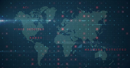Naklejka premium Displaying central world map overlaying data grid in security interface, with red alert labels