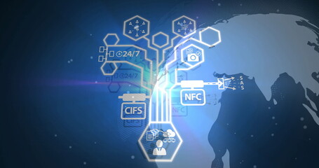 Displaying glowing digital hub linking hexagonal nodes on dark blue interface, with protocol labels
