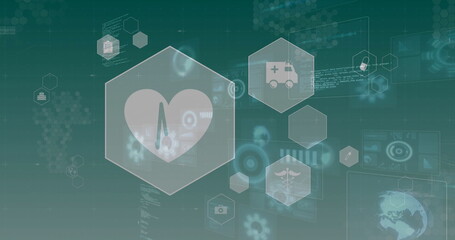 Displaying hexagon showing pulsing heart on virtual medical interface, with medical and tech icons