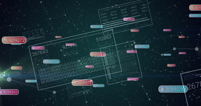 Displaying translucent keyboard blueprint in network grid, with UI panels, numeric labels and nodes