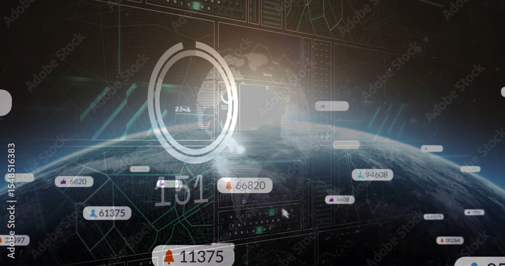 Poster displaying semi-transparent earth globe in station interface with hud, numeric tags, cursor pointer