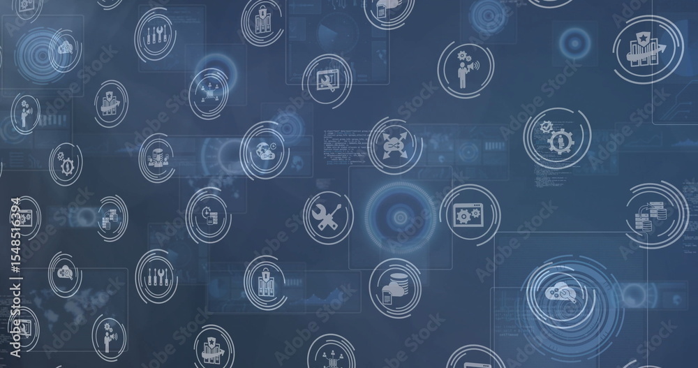 Poster dark blue digital interface displaying floating panels linked by thin lines, tech icons, copy space