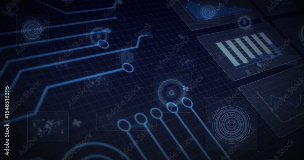 Poster displaying glowing circuit lines with circular node markers in virtual interface space, hud panels