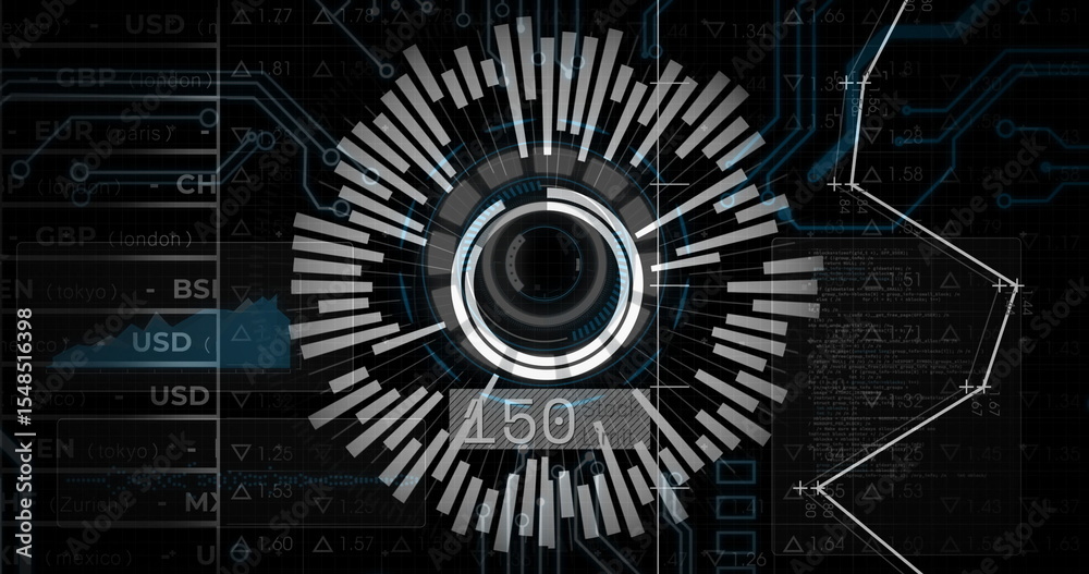 Aufkleber displaying circular gauge with segmented bars and numeric 150 on dashboard ui, with currency labels