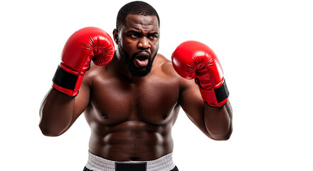 Boxer in red gloves with open mouth ready to fight poses with intense expression on his face looking forward
