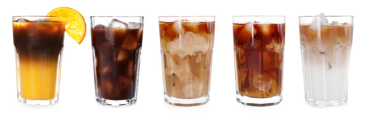 Different cold coffee drinks isolated on white, set