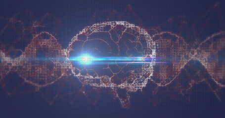 Radiating glowing brain silhouette emitting blue flare in digital interface, with circuits and DNA