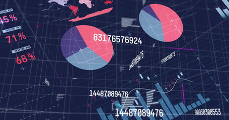 Large multicolored pie chart displaying data in dashboard, with world map heatmap, copy space