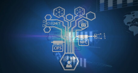 Central network tree branching upward on digital screen, with user silhouette and CIFS NFC nodes