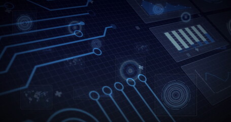 Obraz premium Displaying glowing circuit lines with circular node markers in virtual interface space, HUD panels