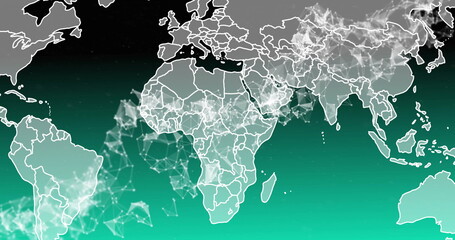 Displaying digital map showing white continent outlines over green-black gradient with mesh nodes