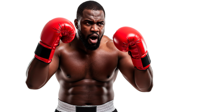 Boxer in red gloves with open mouth ready to fight poses with intense expression on his face looking forward