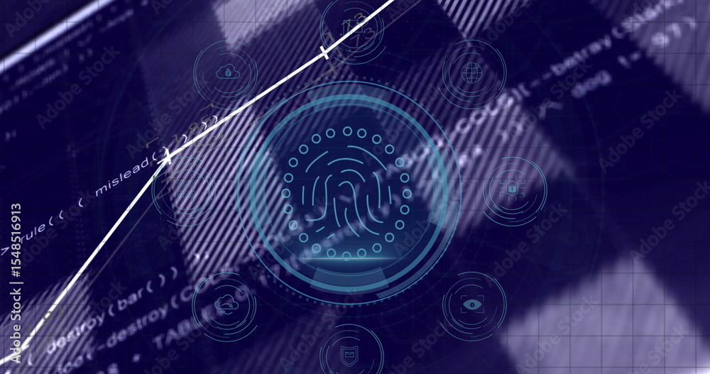 Poster displaying fingerprint icon scanning on interface, with hud, grid, graph, code and hovering icons