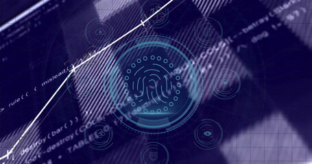 Displaying fingerprint icon scanning on interface, with HUD, grid, graph, code and hovering icons