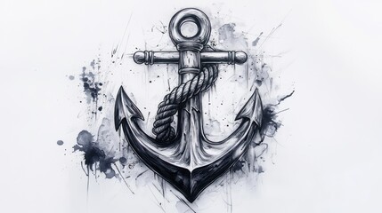 Nautical anchor with a rope, on a textured white background with dark ink splatters