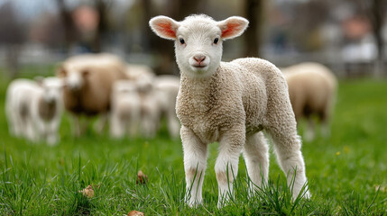 Cute lamb in green field, adorable baby sheep with flock grazing on grass in the background, theme of young animals, nature and pasture.