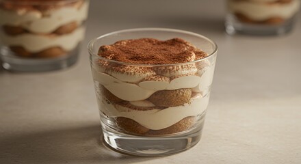 Indulge in the creamy, coffee-infused delight of this perfectly layered tiramisu, elegantly presented in a glass, ready to tantalize your taste buds.