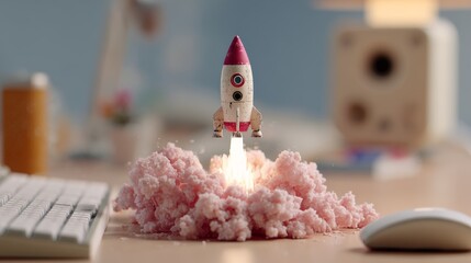 Miniature rocket lifts off from a desk creating a cloud of pink smoke during a creative workspace moment