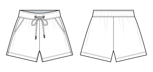 Relaxed-Fit Drawstring Shorts Technical Fashion Illustration. Casual Mid-Thigh Shorts with Side Pockets Vector Template. Front and Back View. Unisex Athleisurewear. CAD Mockup set.