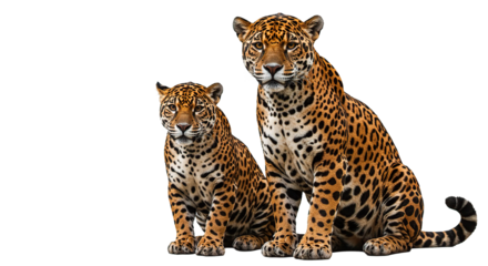 Two jaguars sitting together, one larger than the other, both looking forward with a curious gaze