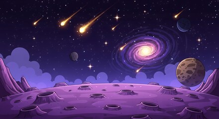 Cartoon Cosmic Landscape with Pink Planet and Spiraling Galaxy