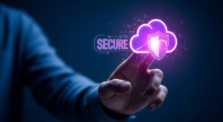 Cloud security concept with shield and hand touching the secure cloud technology network system