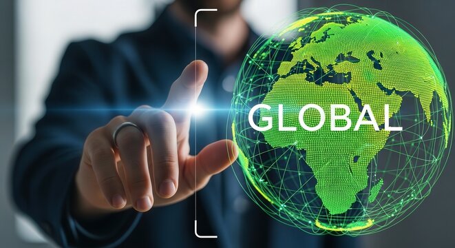 Global business technology concept with man touching digital earth on interactive screen interface
