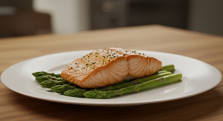 Perfectly Pan-Seared Salmon Fillet with Vibrant Green Asparagus, a Culinary Delight Served on a Pristine White Plate.