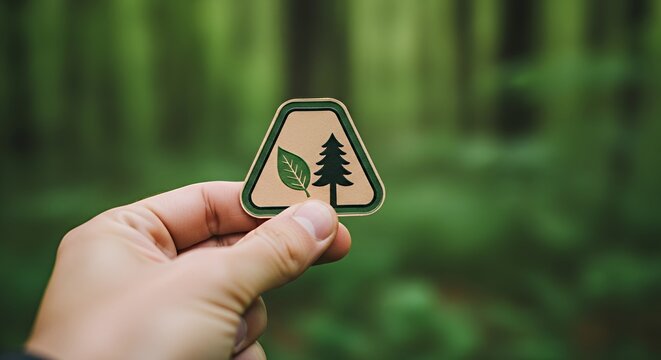 Hand Holding Green Nature Icon Against Blurred Forest
