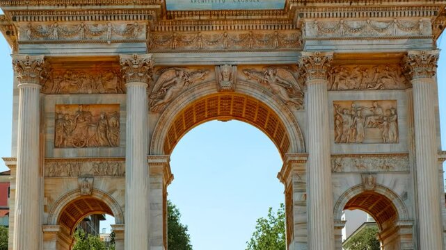 Arco della Pace crowned by a bronze quadriga presides over historic thoroughfare, Milan, Lombardy, Italy
