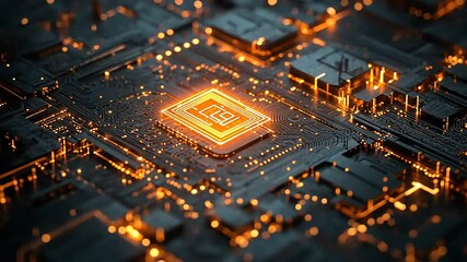 Futuristic microprocessor with glowing circuits on a dark background, symbolizing advanced technology - Powered by Adobe
