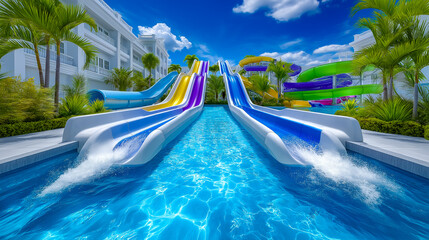 Water slides of various colors splash into pool while guests enjoy a sunny day at the water park. Lush greenery surrounds the area creating a lively atmosphere