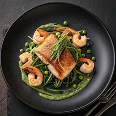 food fish elegant gourmet black plate top view lunch dinnerdish meal fine dining closeup green sea seafood shrimp beautiful modern ,