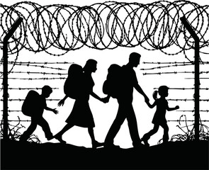 Refugee Group Silhouette. Banner with people crossing border with barbed wire, fleeing wars, poverty, humanitarian and natural disasters. Flat vector illustration isolated on white background
