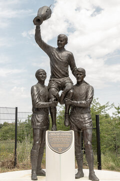London, UK - Jun 21, 2025 - The World Cup Sculpture or The Champions, The sculpture celebrates the contributions of West Ham United players Bobby Moore, Sir Geoff Hurst, and Martin Peters in England.