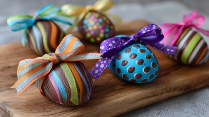 Decorated Chocolate Easter Eggs Colorful Stripes Polka Dots Bows Festive Spring Holiday Treats Sweet Confectionery Delicious Handmade Easter Eggs Gift joy blue food cute brown     