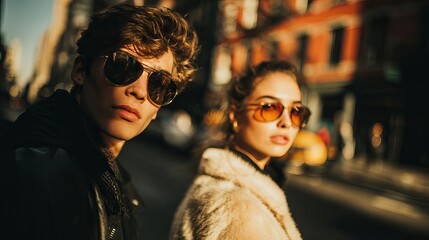 Stylish Couple Wearing Sunglasses Urban Street Fashion Golden Hour Sunlight Trendy Modern Young Adults Cool Shades  Cityscape Background  Hipster Vibe Casual Apparel man day look  