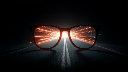 Spectacles Road Tunnel Vision Future Highway Bright Lights Abstract Glowing Orange Red Night Drive Journey Travel Speed Fast Motion Dynamic Energy Powerful Perspective Glasses     
