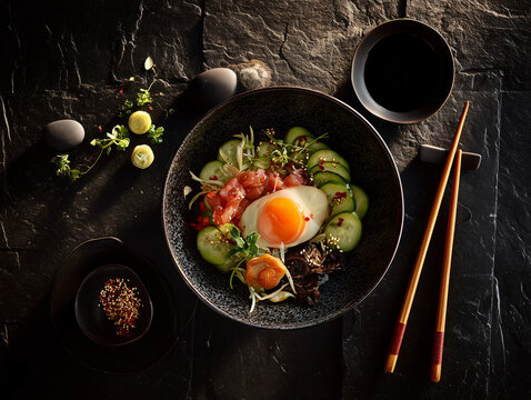 Elegant Japanese Cuisine Presentation on Dark Stone Slab