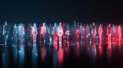 Digital Crowd Abstract Neon People Figures Futuristic Red Blue Glowing Light Technology Network Connection Modern Art Background Design Illustration 3d data human group style trend